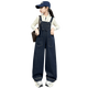 Girls' Denim Overalls Suit Spring and Autumn 2025 New Korean Style Solid Color Straight Pants Medium and Large Children's Bottoming Hoodie Solid Color Denim Overalls 150 (recommended within 140)