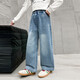 Hölzerne Holzhaus Mädchen Hosen Kinder Casual Hosen Jeans Spring- und Herbstkleidung mittelgroß und große Kinder lose geradlinige Weitbeinhosen Blau 130