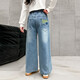 Hölzerne Holzhaus Mädchen Hosen Kinder Casual Hosen Jeans Spring- und Herbstkleidung mittelgroß und große Kinder lose geradlinige Weitbeinhosen Blau 130