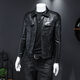 欧洲站2025轻奢纯色休闲机车皮衣春秋季韩版潮流翻领男装青年外套 黑色不加绒 3XL 体重建议145--160斤