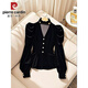 Pierre Cardin small fragrance black velvet long-sleeved shirt for women 2025 early autumn new halter neck French unique beautiful top black 2XL 125-140Jin Jin equals 0.5 kg