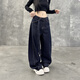 American high street retro personality belt jeans men and women dark blue street loose silhouette sickle wide-leg pants blue 1355 M