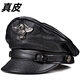 Feshelan genuine leather top hat men's autumn and winter retro cowhide flat top hat British Harley young and old motorcycle hat captain hat black 57-58cm