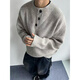Phoenix Gray American Retro Henley Collar Sweater Men's Winter Lazy Style Knitted Sweater Cleanfit Jacket Men's Floral Gray XL