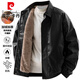 Pierre Cardin Jacket Men's Autumn and Winter Velvet Lapel Trendy Warm Casual Loose Leather Jacket Brown L
