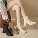 Woodpecker French soft leather short boots ankle boots thick heel Martin boots square toe plus velvet short tube 2025 new autumn and winter slim boots for women beige single lining 37