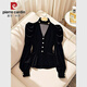 Pierre Cardin small fragrance black velvet long-sleeved shirt for women 2025 early autumn new halter neck French unique beautiful top black 2XL 125-140Jin Jin equals 0.5 kg