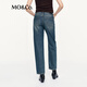 Mo/co. Jeans 2025 Herbstes neues Produkt Baumwolle Neun-Punkte Kleine geraden Katzen Whisker Waschmittel und hohe Taille MBE3Jent05 Denim Blue L 28