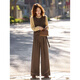 Awakening paradise, belted, fashionable and high-end, winter fashion fake two-piece shirt, straight wide-leg trousers, women's suit, dark brown S