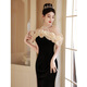 ROMON evening dress for women 2026 new banquet style celebrity French high-end light luxury one-shoulder host fishtail skirt black velvet style S