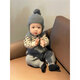 In stock baby spring and autumn knitted overalls, weightlifting pants, Korean children's pants, baby spring wool jumpsuit gray overalls + apricot black striped sweater 66cm