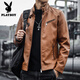 Playboy (PLAYBOY) Stand Collar Leather Coat Men's 2025 Spring and Autumn New Trendy Upper Clothes Men's Velvet Thickened Winter Workwear Jacket 609 Coffee Velvet XL