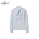Evely Jiang Xin endorses basic silhouette V-neck streamer shoulder-covered pleated cuffs pearl button fashion top 2025 autumn suit Ice cold blue S 80-105Jin [Jin equals 0.5 kg]