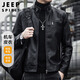 JEEP SPIRIT Jeep leather jacket men's autumn and winter loose jacket men's stand-up collar handsome motorcycle leather jacket black XL