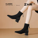 ZHR short boots women's retro thin women's boots winter plus velvet thick high heel suede ankle boots pointed toe elastic boots BL652A black 38