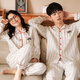 First search for new couples pure cotton brushed velvet pajamas simple striped men's high-end cartoon girl long-sleeved home clothes white women's L