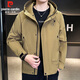 Pierre Cardin jacket men's spring, autumn and winter hooded outdoor casual workwear jacket men's trendy tops Khaki XL