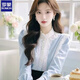Luo Meng 2025 new high-end temperament blue palace lace stand-up collar shirt women's spring niche unique tops sky blue L 106-120Jin Jin equals 0.5 kg