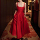 
Outdoor light wedding dress French simple satin Hepburn style registration small white skirt waist-hugging suspender dress white S
