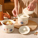 Sheli Chinese double-lid stew pot, double-ear ceramic water-proof stew steamed egg bowl, stew pot, household dessert bird's nest special soup cup, two packs, Fu style + Ping An style/small spoon, 550ml, can be steamed and baked | double cover to lock in freshness