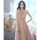 ACJK champagne color beautiful evening dress female banquet temperament annual meeting host dress super fairy halter neck adult ceremony princess dress champagne pink long style XS