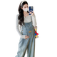 Mommy Ranqi's maternity autumn clothing 2025 new suit fashionable and age-reducing long-sleeved top denim overalls two-piece suit cow overalls + white top (suit) L