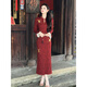 Spring Man 2025 red new Chinese style butterfly embroidered cheongsam long sleeve dark pattern jacquard red long skirt dress red cheongsam L