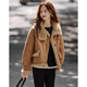 Shangjing Fashion Retro Contrast Color Lapel Short Jacket Women's 2025 Winter New Big Fur Collar Casual Thickened Warm Short Jacket Khaki L