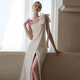 Evening dress European and American ladies popular one-shoulder high slit white long dress milky white S U2