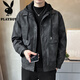 Playboy (PLAYBOY) Leather Men's Jacket 2025 New Autumn and Winter Trendy Brand Plus Velvet Warm and Handsome Fake Two-piece Detachable Hooded Leather Jacket Brown M