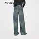 MO&Co. Divine Pants Jeans 2025 Winter New Arrival Cotton Nostalgia Washed and Hot Diamond Wide Leg Pants Mid-Waist MBE4JENT08 Denim Blue L 28