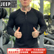 JEEP SPIRIT muscle fitness long-sleeved American Henry shirt bottoming shirt men's tough guy Henry collar T-shirt slim sports casual black M