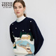 Teenie Weenie Bear Women's Sheep Wool Blended Allover Three-dimensional Intarsia Round Neck Pullover Sweater Knitwear Navy L