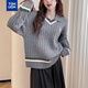 TonLion 2025 Autumn and Winter Retro College Style Lapel Design Pullover Women's Medium Gray S