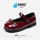 Annil (Annil) Girls' Leather Shoes Spring New Princess Shoes with Dresses Children's Red Leather Shoes Little Girls Mary Jane Shoes Dark Red Velcro 27 Inner Length 17.7cm, Recommended Foot Length 16.7cm