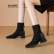 ZHR short boots women's retro thin women's boots winter plus velvet thick high heel suede ankle boots pointed toe elastic boots BL652A black 38