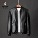 Woodpecker Jacket Men's Jacket Autumn and Winter New Casual Trend Fashionable Stand Collar Motorcycle Leather Jacket Versatile Slim and Handsome Black XL