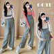 Mommy Ranqi's maternity autumn clothing 2025 new suit fashionable and age-reducing long-sleeved top denim overalls two-piece suit cow overalls + white top (suit) L
