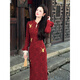 Spring Man 2025 red new Chinese style butterfly embroidered cheongsam long sleeve dark pattern jacquard red long skirt dress red cheongsam L