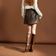 Sancai 2025 winter new leather skirt skirt high waist A-line skirt short skirt retro modern M