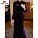 Pierre Cardin velvet thickened rayon velvet dress 2025 autumn and winter new temperament waist slimming western style dress skirt purple 2XL recommended 125-135Jin Jin equals 0.5 kg