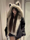 Xiaohongshu's hot style American mountain sculpture cat ears hooded fur collar cotton coat for women in winter with a loose design, black (with rabbit ears, thickening, ready for delivery on the same day) S one size fits all