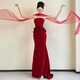 Vimadtly toast dress bridal style light luxury niche tube top wedding return engagement party red fishtail evening dress for women burgundy L