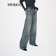 MO&Co. Divine Pants Jeans 2025 Winter New Arrival Cotton Nostalgia Washed and Hot Diamond Wide Leg Pants Mid-Waist MBE4JENT08 Denim Blue L 28