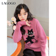 LAGOGO Naughty Cat Raspberry Pink Sweater Women Lagogu 2025 Winter New Round Neck Dopamine Sweater Pink L
