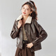 TERRE BLEUE Small velvet thickened leather jacket for women 2025 winter fashion high-end loose versatile jacket coffee color M
