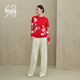Ordos 1980 Autumn and Winter Pure Cashmere Round Neck ADF Intarsia Front Shoulder Red Women's Comfortable Cashmere Sweater Red Bottom Flower L 165/88A