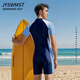 One-piece men's swimsuit for adults and teenagers plus size fat children long-sleeved five-quarter pants sun protection surfing suit swimsuit navy short-sleeved + silicone cap + flat swimming goggles + nose clip earplugs L_90-110Jin Jin equals 0.5 kg
