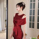2025 new fashion off-shoulder burgundy sequined fishtail long evening dress for mother-in-law's wedding banquet burgundy skirt length 145CM 2XL 2XL
