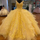 Colorful gauze evening dress European and American tutu skirt double shoulder V-neck off-shoulder princess dress yellow prom party dress picture color XS